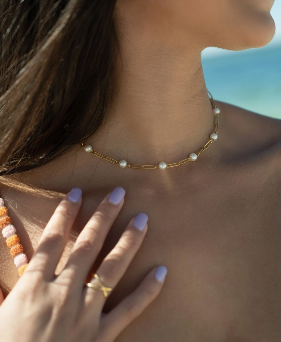 18K Gold Pearl Paperclip Chain Necklace